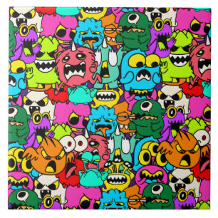 Crazy Colorful Monster Doodle Mönster Kakelplatta