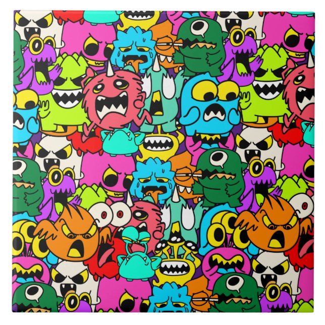 Crazy Colorful Monster Doodle Mönster Kakelplatta (Framsidan)