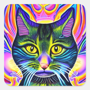 Crazy Coola Eyed Andlig Colorful Cat Fyrkantigt Klistermärke