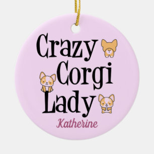 Crazy Corgi Dam Cute Rosa Monogram Julgransprydnad Keramik