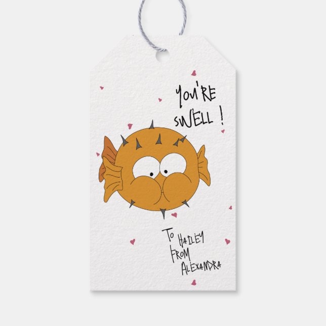 Crazy Cute “You’re Swell” Puffer Fish Pun  Presentetikett (Baksidan)