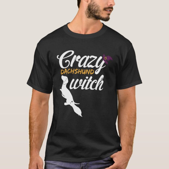 Crazy Dachshund Halloween Hund Witch T Shirt (Framsida)