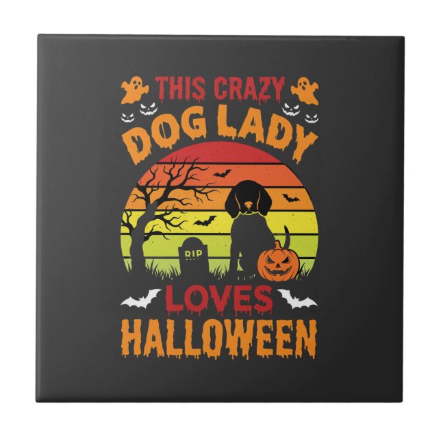 Crazy Dog Lady älskar Halloween Vintage Design Kakelplatta (Framsidan)
