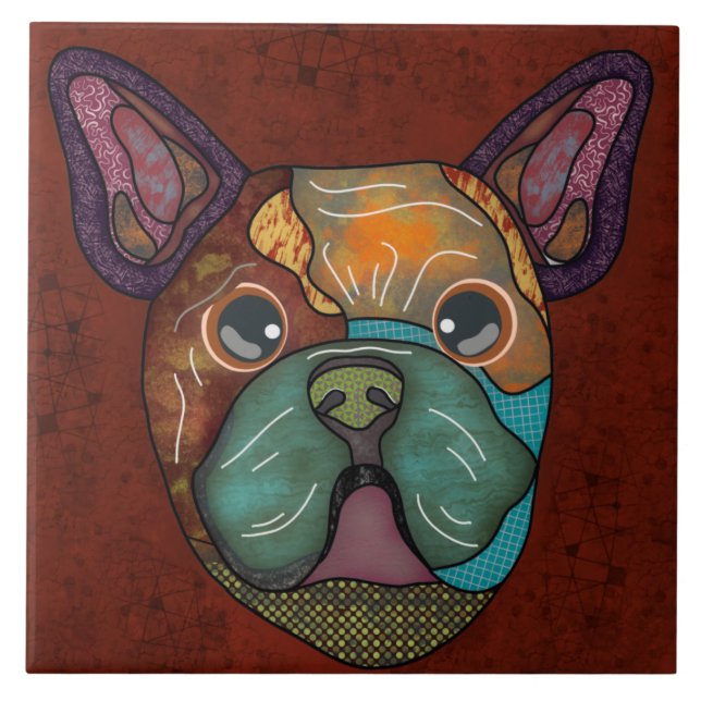 Crazy Fransk Bulldog ful ansikte Ceramic Tile Kakelplatta (Framsidan)