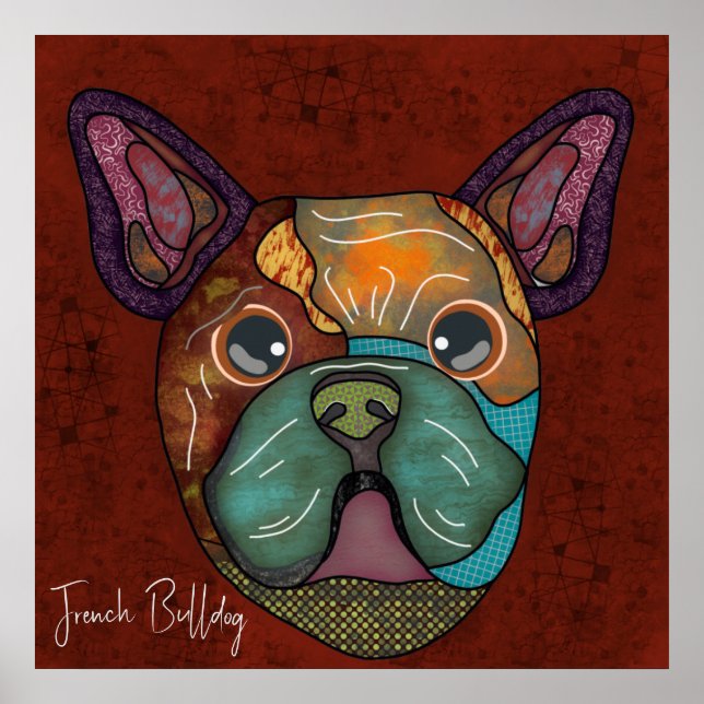 Crazy Fransk Bulldog hund ansikte handmålad Poster (Framsidan)