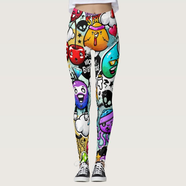 Crazy Fruits and Vegetables Graffiti Art Leggings (Framsida)