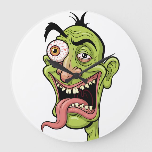 Crazy Grönt Zombie Tecknad Wall Clock - Funny Mon Stor Klocka (Framsida)
