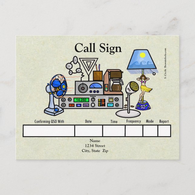 Crazy Ham Radio Rig med Hula Girl Lamp QSL Card Vykort (Framsida)