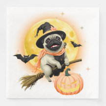 Crazy Happy halloween Pug Riding a Flies Broom