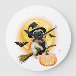 Crazy Happy halloween Pug Riding a Flies Broom | Stor Klocka