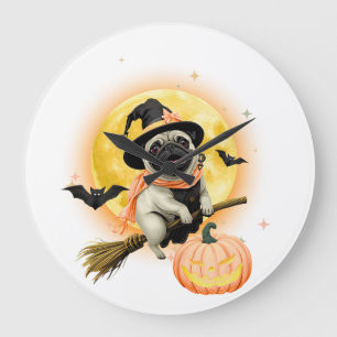 Crazy Happy halloween Pug Riding a Flies Broom   Stor Klocka
