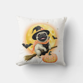 Crazy Happy halloween Pug Riding ett flygande rum. Kudde