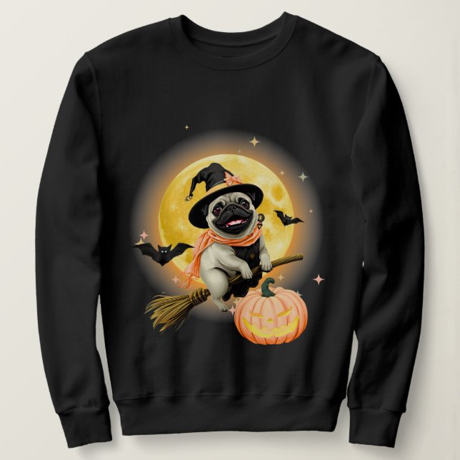 Crazy Happy halloween Pug Riding ett flygande rum. T Shirt (Design framsida)