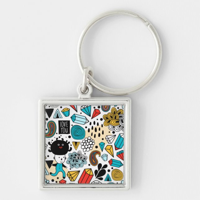 Crazy head fyrkantig silverfärgad nyckelring (Framsidan)