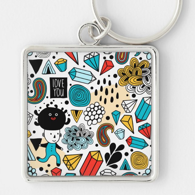 Crazy head fyrkantig silverfärgad nyckelring (Framsidan)