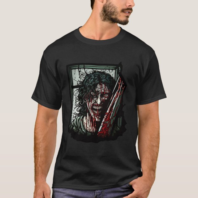 Crazy Horror Woman Nightmare Scary Terrifying Hall T Shirt (Framsida)