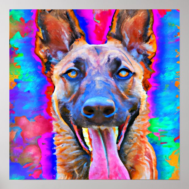 Crazy Lycklig belgisk Malinois Hund Art Porträtt Poster (Framsidan)