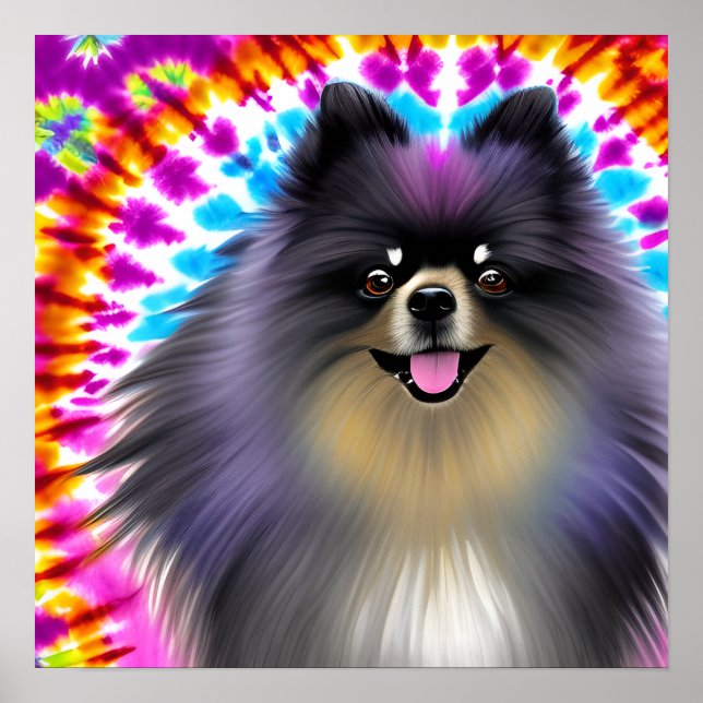 Crazy Lycklig Black Pommern Hund Tie Dye Art Poster (Framsidan)