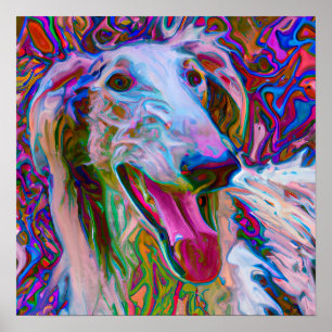 Crazy Lycklig Borzoi Hund Art Porträtt Poster