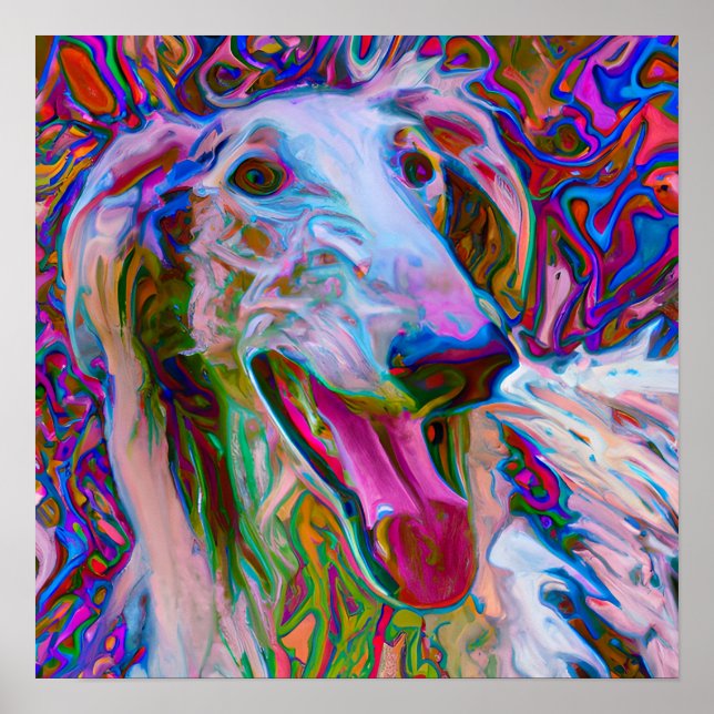 Crazy Lycklig Borzoi Hund Art Porträtt Poster (Framsidan)