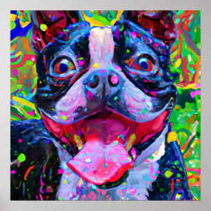 Crazy Lycklig Boston Terrier Hund 2 Art Porträtt Poster