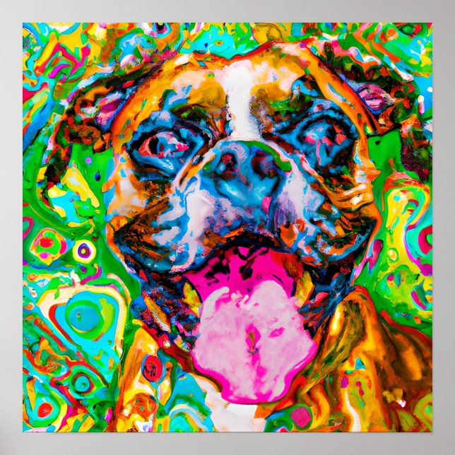 Crazy Lycklig Boxer Hund 2 Art Porträtt Poster (Framsidan)