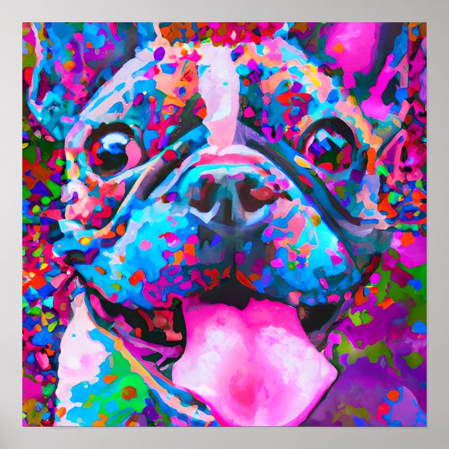Crazy Lycklig Fransk Bulldog Hund Art Porträtt Poster (Framsidan)