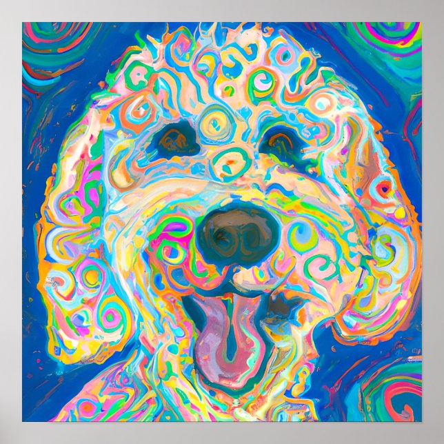 Crazy Lycklig Goldendoodle Hund Art Porträtt Poster (Framsidan)