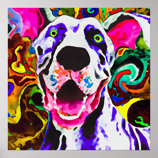 Crazy Lycklig Great dane Hund Art Porträtt Poster (Framsidan)
