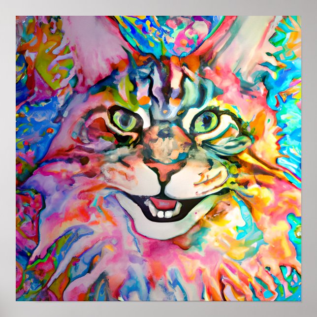 Crazy Lycklig Maine Coon Cat Porträtt Art Poster (Framsidan)