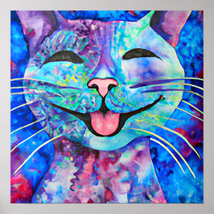 Crazy Lycklig Russian Blue Cat Porträtt Art Poster