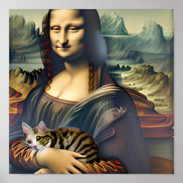Crazy Mona Lisa med Kattunge Porträtt Art Poster (Framsidan)