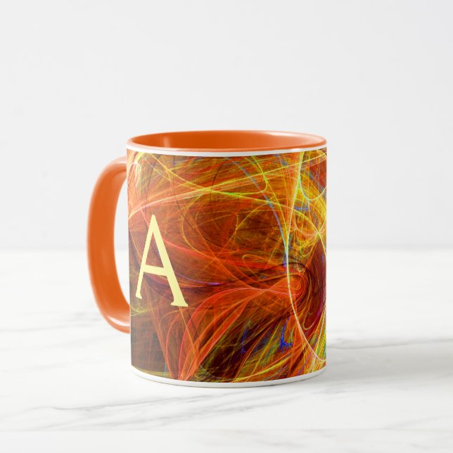 CRAZY PHOTON Orange Gult Fractal Swirls Monogram Mugg (Framsida vänster)