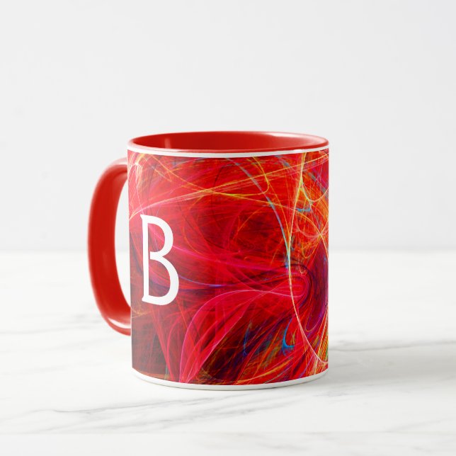CRAZY PHOTON Red Gult Fractal Swirls Monogram Mugg (Framsida vänster)