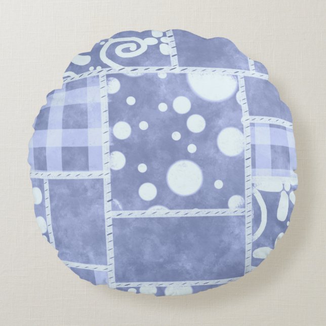 Crazy Quilt Blå Gingham Blommig Personlig  Rund Kudde (Framsidan)