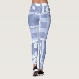 Crazy Quilt Blue Gingham Floral Pattern Leggings