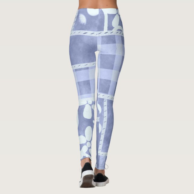 Crazy Quilt Blue Gingham Floral Pattern Leggings (Baksida)