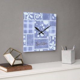 Crazy Quilt Blue Gingham Floral Personalized  Fyrkantig Klocka