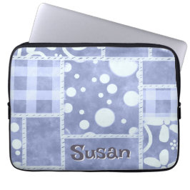 Crazy Quilt Blue Gingham Floral Personalized  Laptop Fodral