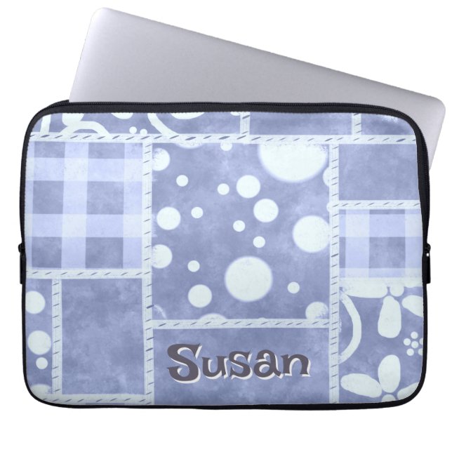 Crazy Quilt Blue Gingham Floral Personalized  Laptop Fodral (Framsidan)