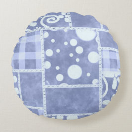 Crazy Quilt Blue Gingham Floral Personalized  Rund Kudde