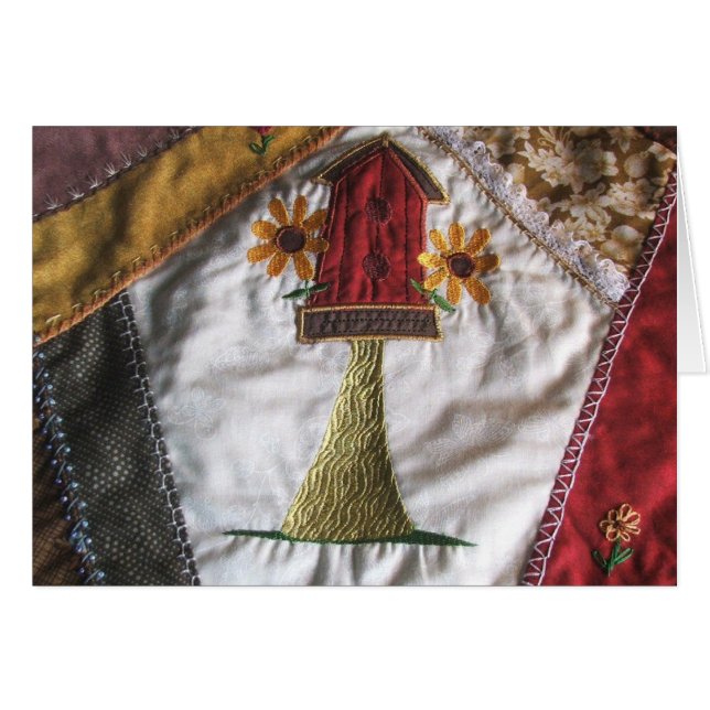 Crazy quilt mönster birhouse hälsningskort (Framsidan Horizontal)