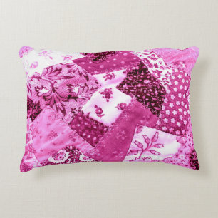 Crazy Quilt Mönster Rosa White Blommigt Patchwork Prydnadskudde
