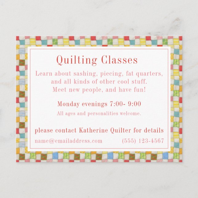 CRAZY QUILT "Quilting Classes" Postcard/Business Meddelande Vykort (Framsida)