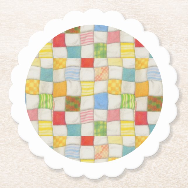 CRAZY QUILT Scalloped Round Papper Underlägg - Whi (Framsida)