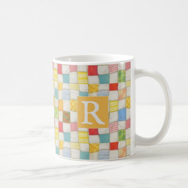 CRAZY QUILT Vit mugg + text / guld (Höger)