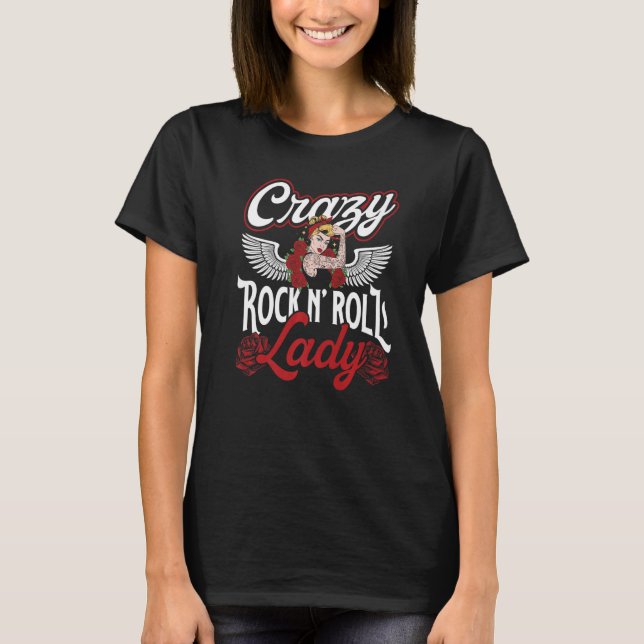 Crazy Rock N´Roll Lady  Rockabella Premium T Shirt (Framsida)