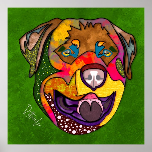 Crazy Rottweiler hund handmålad ansikte Poster (Framsidan)
