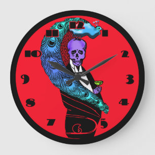 Crazy Skull och Peacock Red Clock Stor Klocka