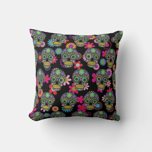 Crazy Sugar Skull och Flowers Black Kudde (Framsida)